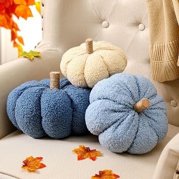 FairySandy 3 Pcs Fall Pumpkin Pillows Halloween 3D Shaped Cushion, Blue