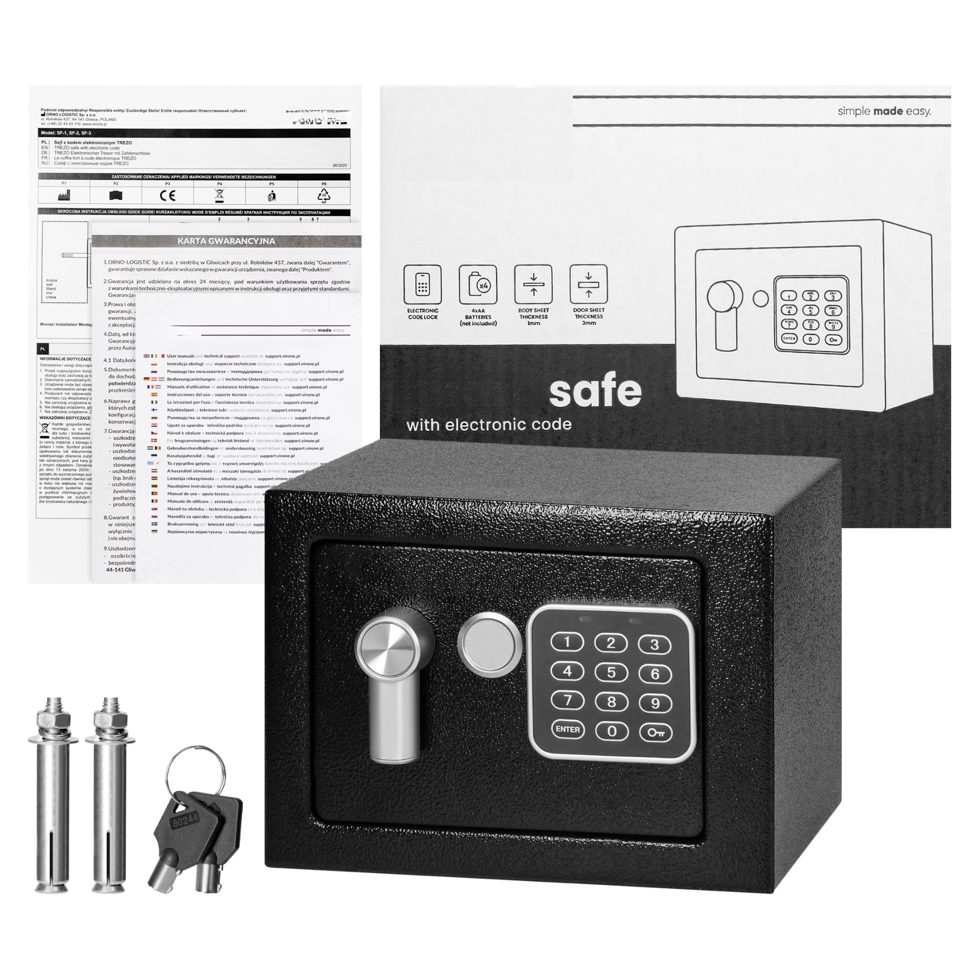 Caja Fuerte con Código Electrónico Negro de Acero Caja de Seguridad con Llave de Emergencia para el Hogar y Oficina