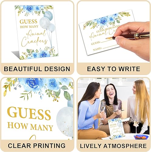 Vista 5 de A01 - Juego floral azul para baby shower, 8 x 10 pulgadas, letrero de galletas de animales con 50 tarjetas de adivinanzas, suministros de decoración