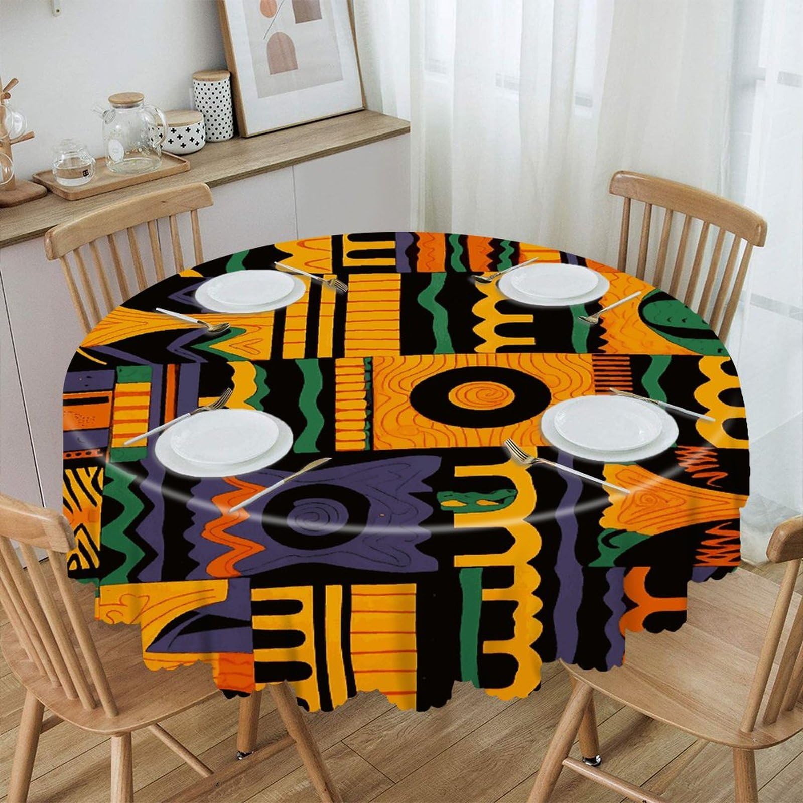 VstaDank - African Ethnic Pattern Round Tablecloth 60 Inch Easy Clean Round Thick Decorative Polyester Tablecloth for Dining Kitchen Party Farmhouse Outdoor