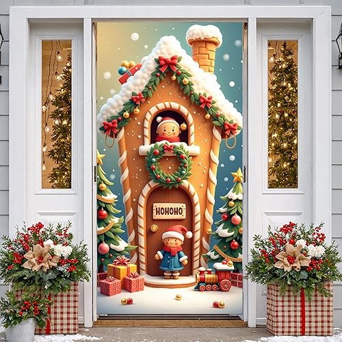 Miniatura 10 de Decoración de cubierta de puerta de Navidad, chimenea, letrero rojo para puerta delantera, árbol de Navidad rojo, telón de fondo para pared