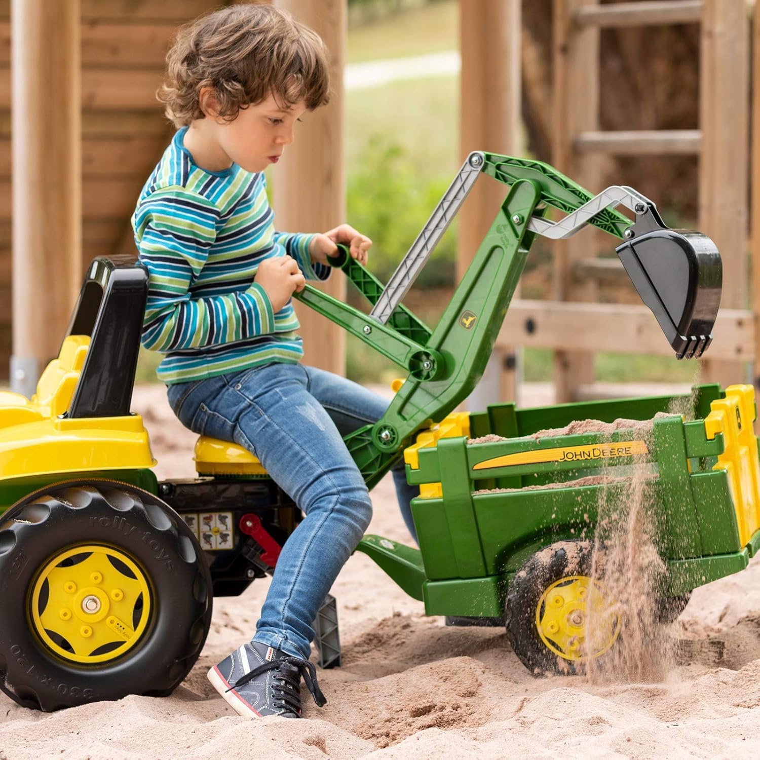 Rolly Toys rollyFarmtrac John Deere z ładowaniem od przodu i koparką tylną (zestaw 2-częściowy, z pojazdem na pedały dla dzieci od trzech lat i koparką tylną z funkcją siedzenia) 710447
