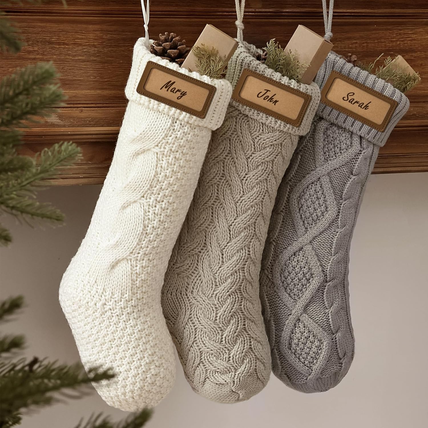 rustic knitted personalized christmas stockings, 3 pack 18 inches large size cable knit knitted xmas farmhouse christmas stockings decorations for family holiday season decor, cream white grey
