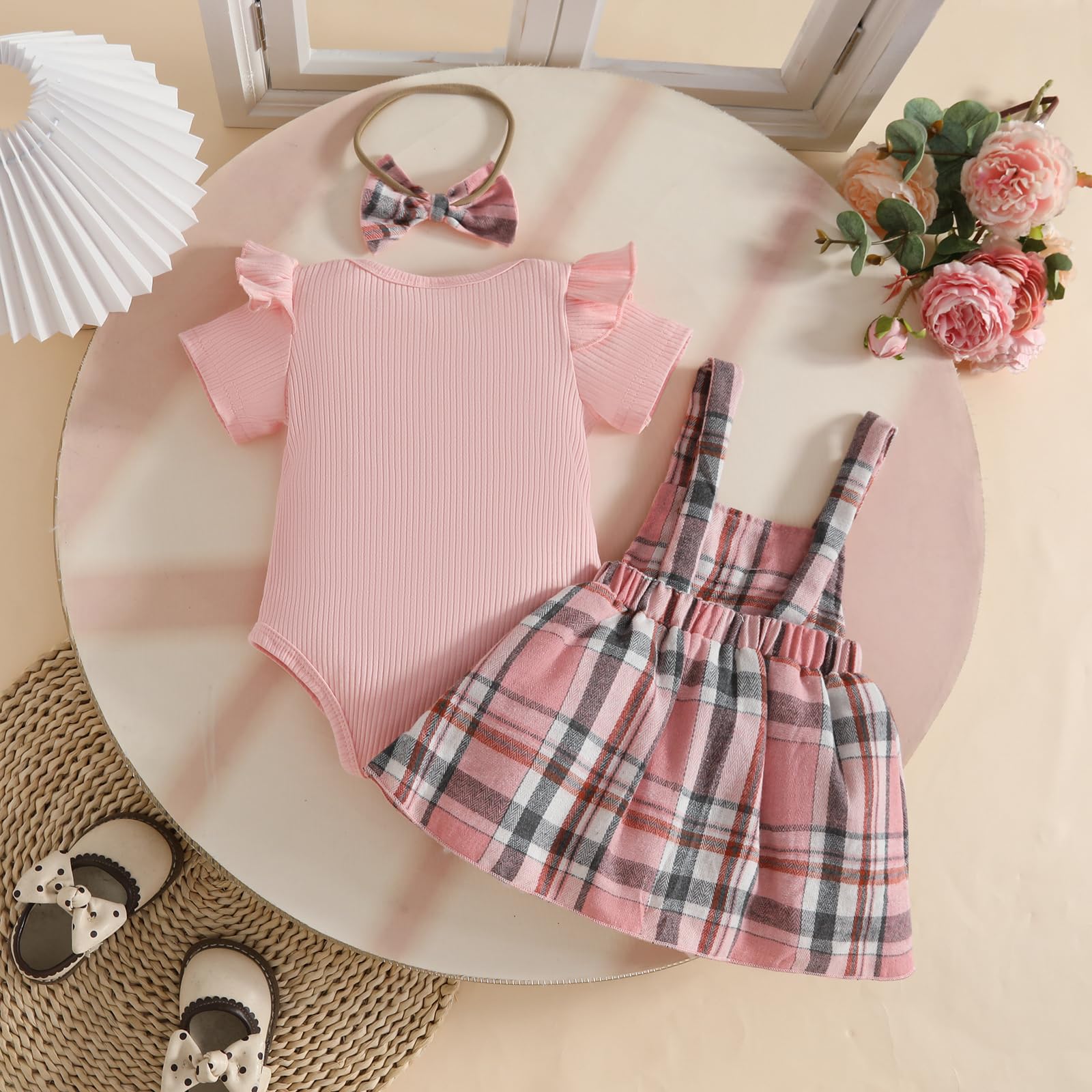 Baby Mädchen Sommer Röcke Sets Kleid Säugling Kurzarm Geripptem Oberteil mit Schleife/Plaid Cord Hosenträgerrock Set 3-teiliges Outfits - 3