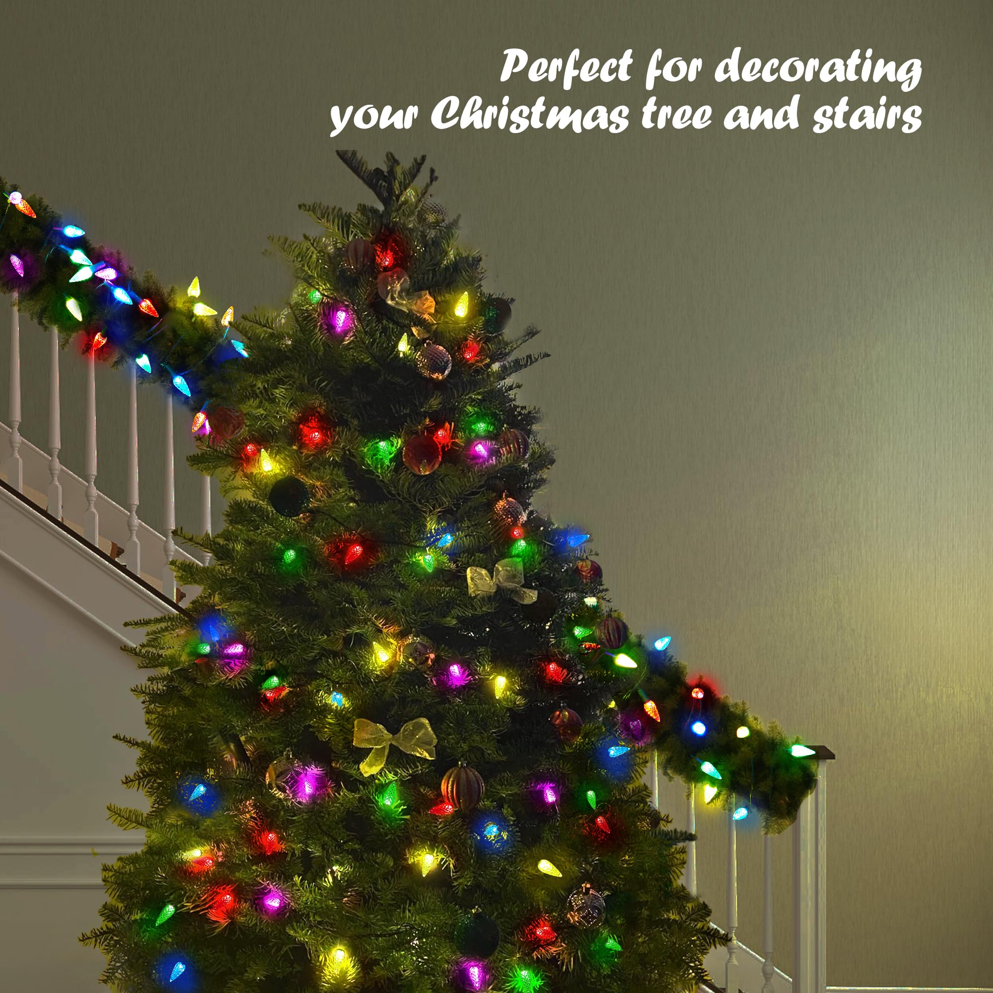 WBao Luces de Navidad C6, 100 luces LED de 33 pies, funciona con pilas, con 8 modos, temporizador, diseño impermeable para árboles de Navidad en interiores y exteriores, valla, escaleras, decoraciones