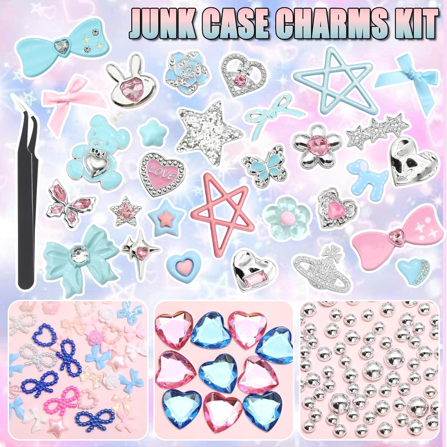 BELICEY Junk Case Charms Y2K Bow Big Charm for Junk Cases 3D Pink Star Butterfly Charms for Phone Case Blue Heart Flower Bear for Customizing Cute DIY Craft - Image 4
