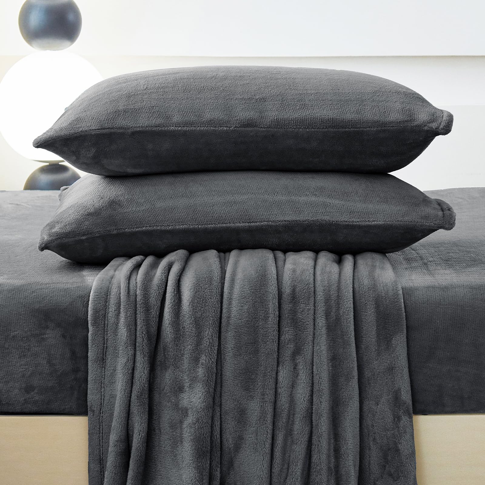 Fleece Sheets Queen Size Bed Set - Ultra Soft Fuzzy Sheets Set with 16" Deep Pocket - Extra Cozy Warm Winter Plush Bed Sheets, No-Pilling, No Shedding, 4Pcs, Dark Grey