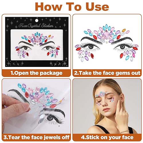 Grevosea Face Gems, 10 Sets Mermaid Face Jewels for Women Festival Face Rhinestones Stick on Temporary Stickers for Christmas Halloween Rave Accessories
