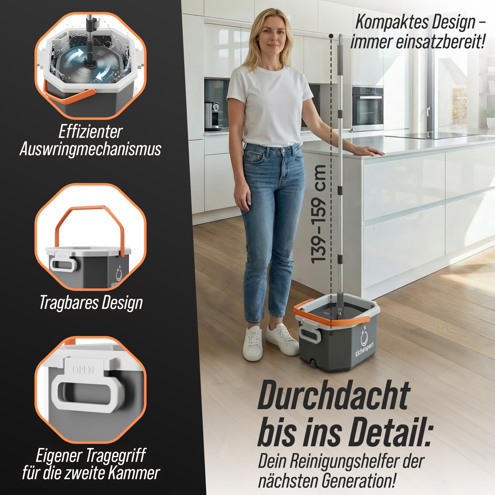 Wischmop Set mit Eimer - 2-Kammer Wischsystem & Bodenwischer mit Auswringfunktion - Schmutzwasser-Trennung, 360° Wischer mit Mikrofaser Pads für Parkett, Laminat & Fliesen