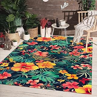 Tropical Orange Pink Green Florals Leaves Print Pattern Outdoor 5x7 Rug ...