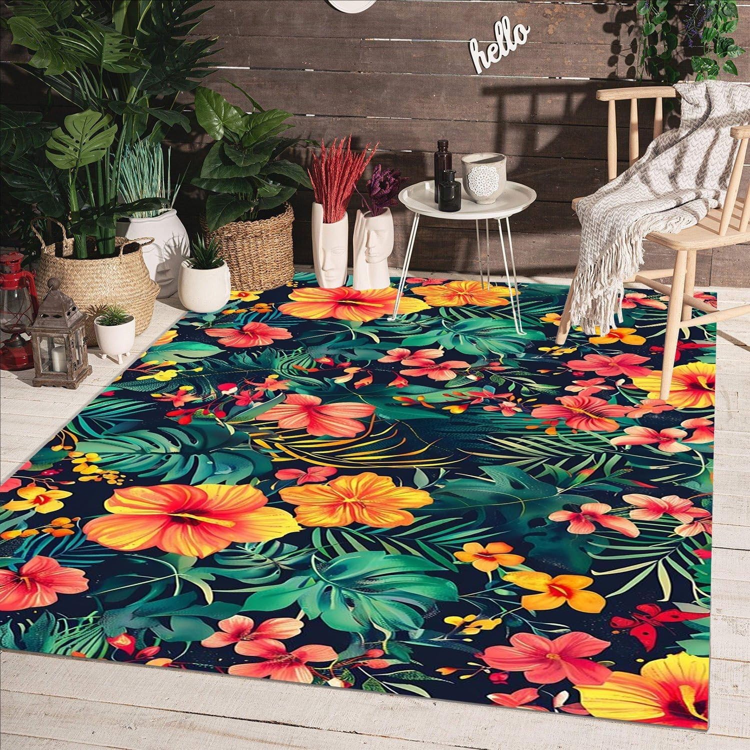 Tropical Orange Pink Green Florals Leaves Print Pattern Outdoor 5x8 Rug for Deck Porch Patio Balcony Waterproof Washable Outside Area Rugs in Camping