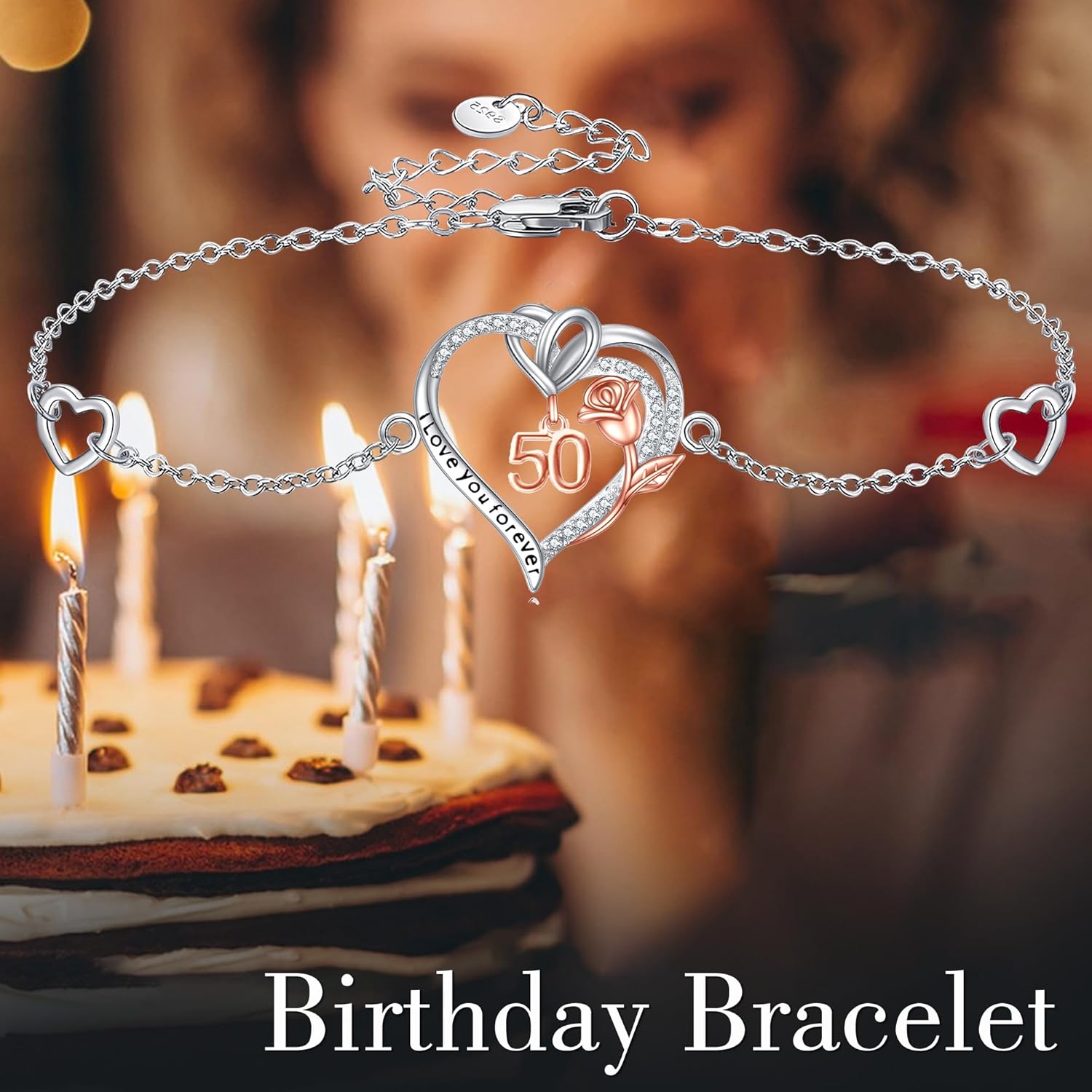 Birthday Bracelet Sterling Silver 16th 18th 21th 80th Birthday Bracelet Heart Rose Flower Birthday Jewelry for Women Mothers Day Christmas Gifts