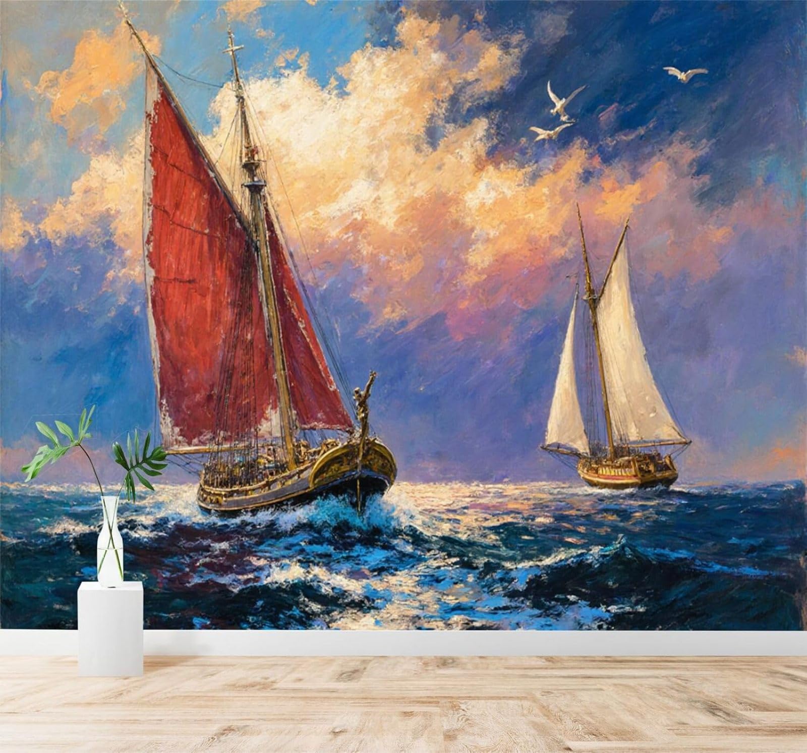 XLMING Waves Sailing Boat Sunrise Sky Seagulls 3D Wallpaper Premium Textured Silk Study Dining Living Room Bedroom Sofa TV Wall Easy Install-350cm×256cm