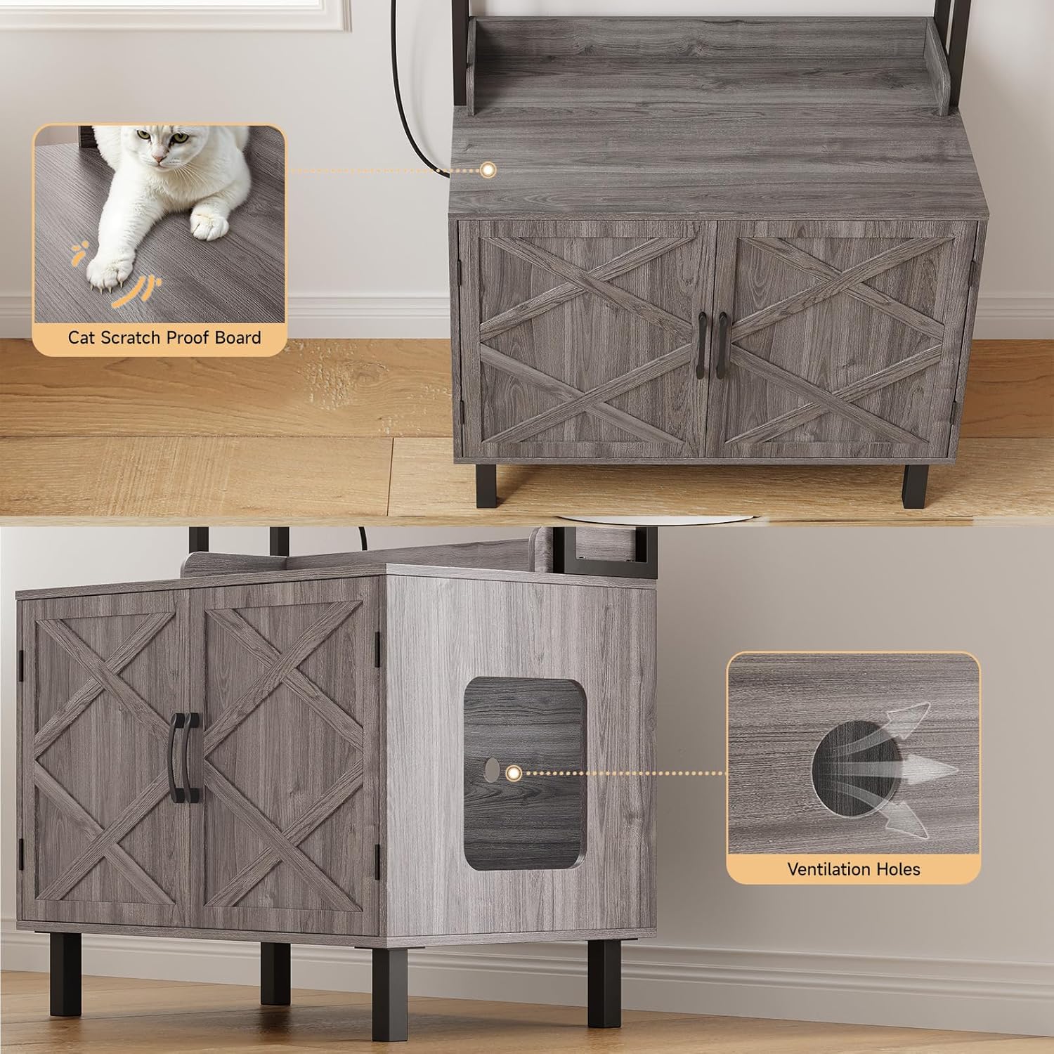 ONBRILL 55 Inches Cat Litter Box Enclosure, Hidden Litter Box Furniture with 2 Storage Shelves and Charging Sockets, Wooden Cat House, Large Indoor Cabinet for Living Room & Entryway, Grey