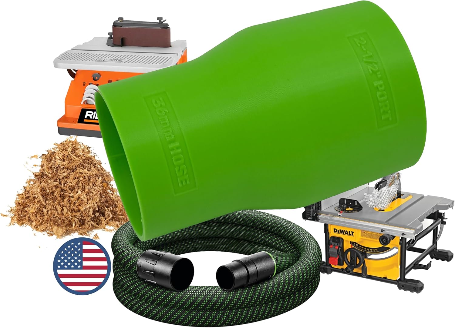 27mm Hose Adapter for 2-1/2" Dust Collection Ports - Compatible with Festool D27/32 (27mm) and Bosch VAC005 Hoses - Made in USA (Green)