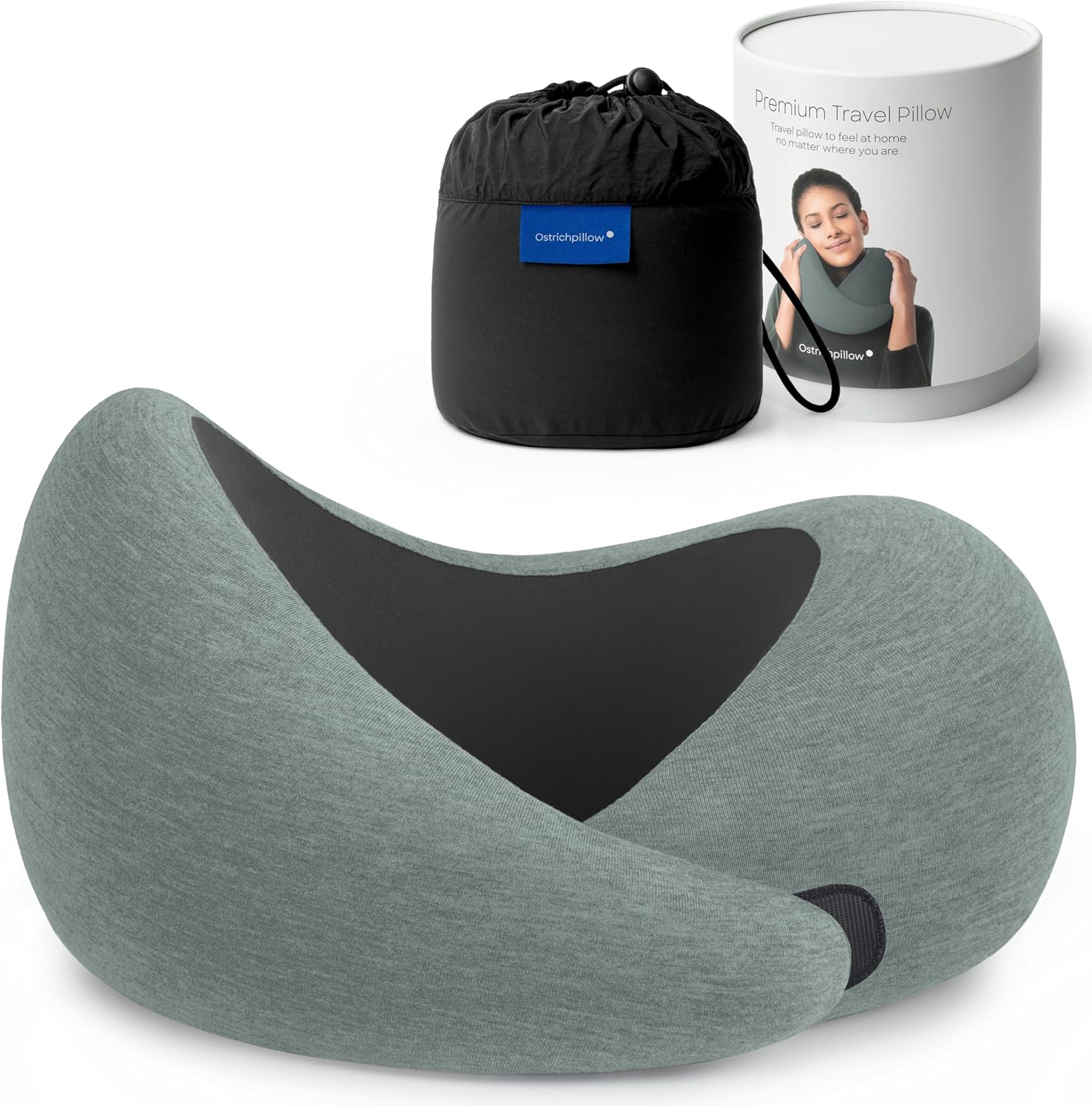 Ostrichpillow Go Neck Pillow – Premium Memory Foam Travel Pillow, 360º Ergonomic Design, Asymmetrical Sides, Travel Bag Included, Washable Modal Cover (Green Moss)
