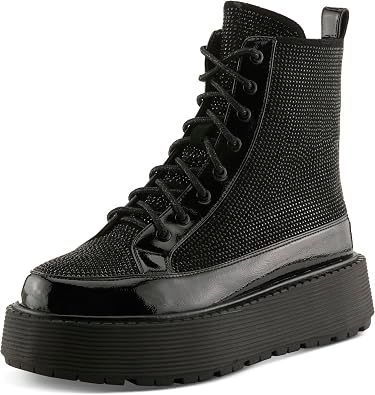 Azura Womens LIVEWIRE Combat Boot Patent and Microsuede with Crystal Embellishments and Chunky Platform