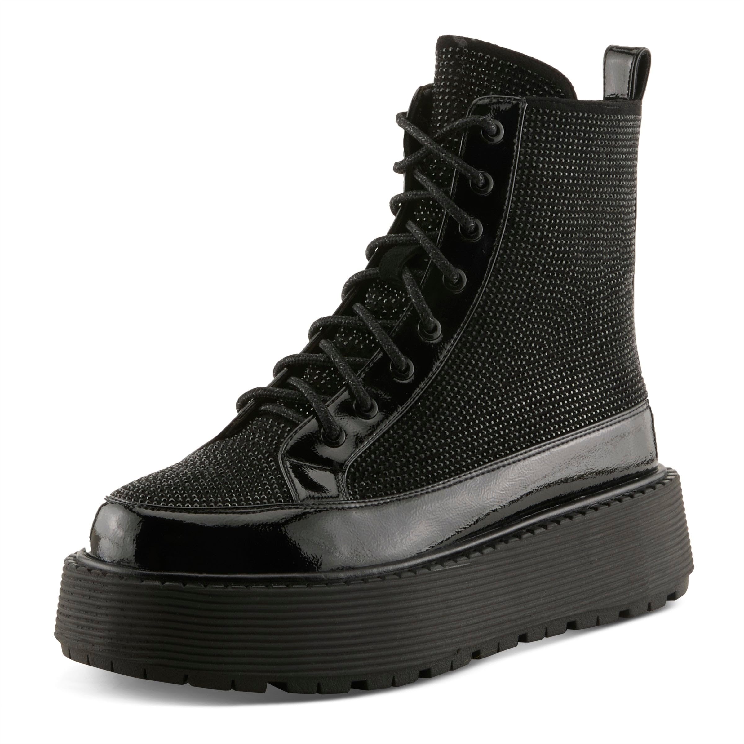 Azura Women's LIVEWIRE Combat Boot – Patent and Microsuede with Crystal Embellishments and Chunky Platform