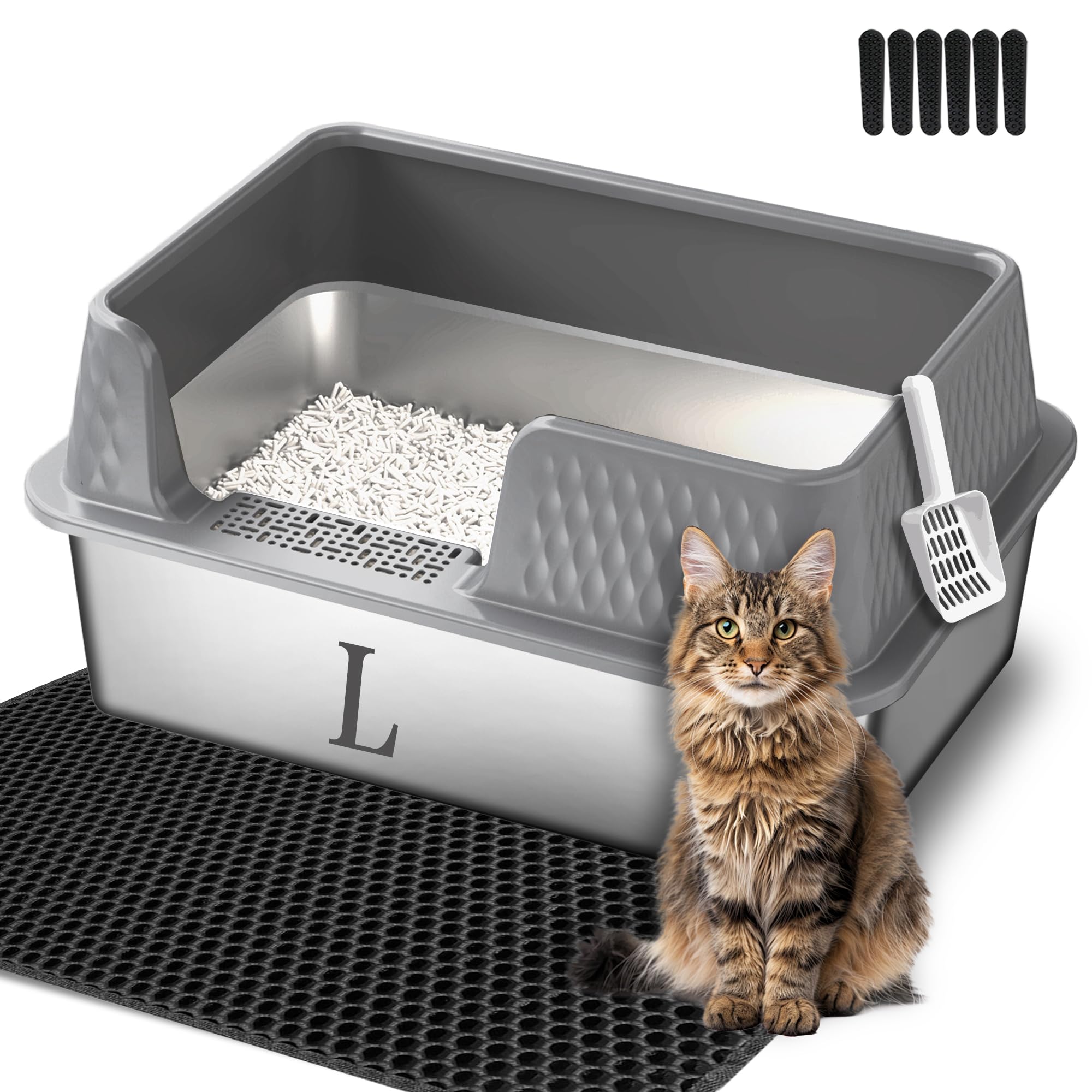 Suhaco bac à litière pour Chat en Acier Inoxydable avec Couvercle et Pelle pour Toilettes pour Chats High Edge XL Facile à Nettoyer Grand bac à litière pour Chat (L, Gris)