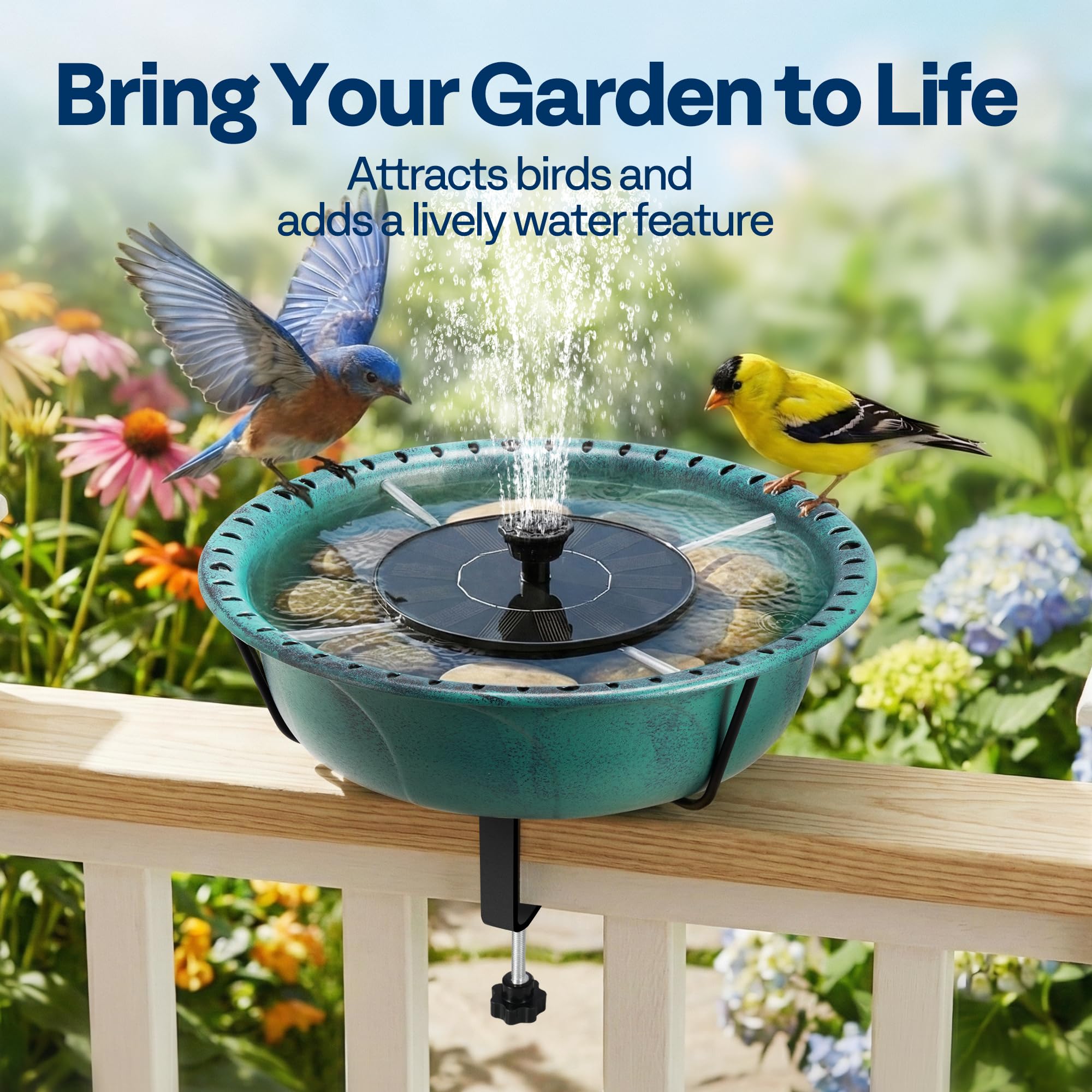 VIVOHOME Deck Mounted Bird Bath with Solar Fountain, Outdoor ABS Birdbath Bowl with Adjustable Metal Clamp, Solar Powered Pump for Railing, Fence, Balcony, 1.45 Gallons, Green - image 2