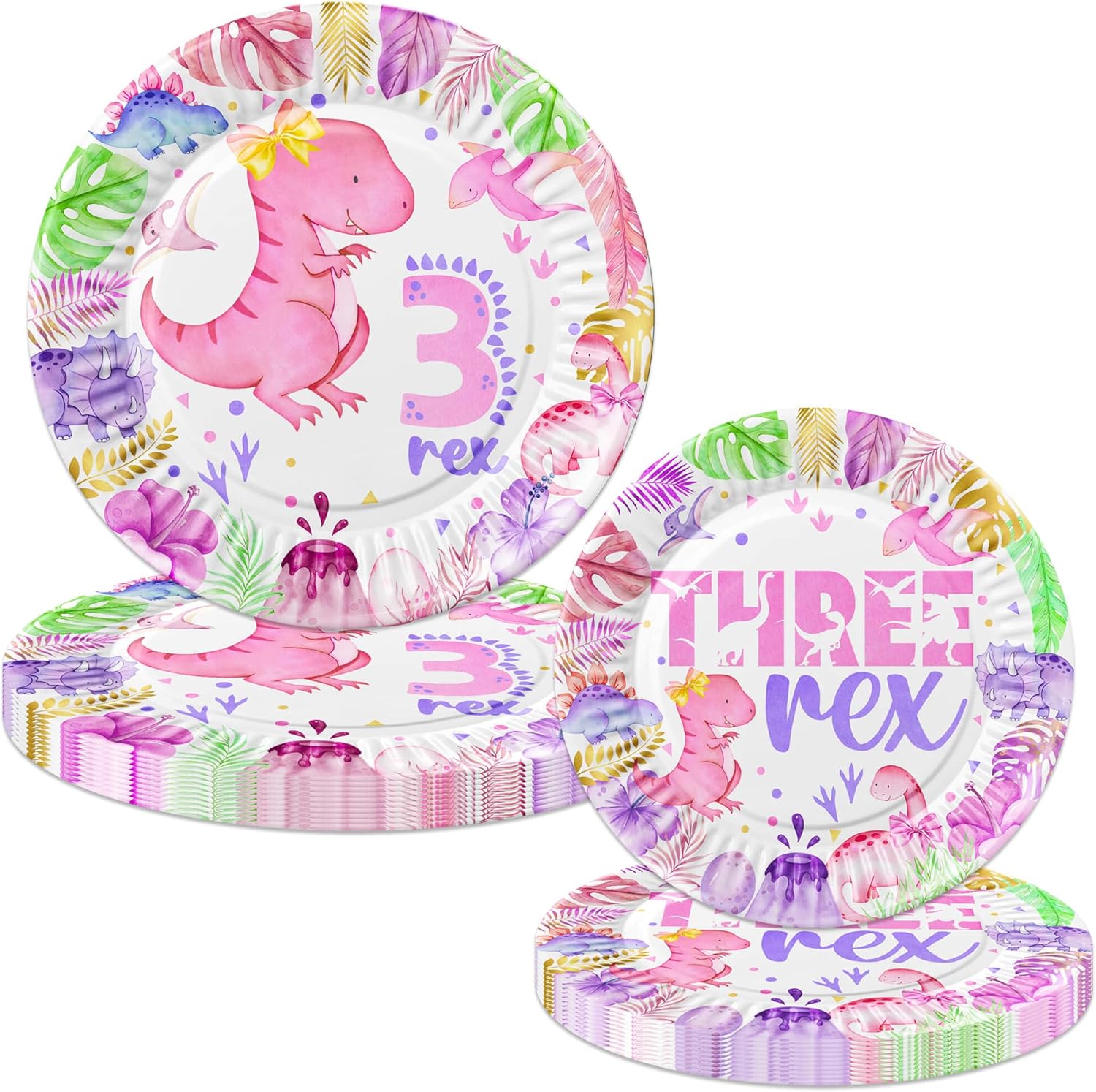 100 Pcs Pink Watercolor Dinosaur 3rd Birthday Party Supplies Dinosaur 3 Rex Party Decoration Includes Plates Cups Napkins Forks Tableware for Girls T-Rex Three Years Old Bday Favors