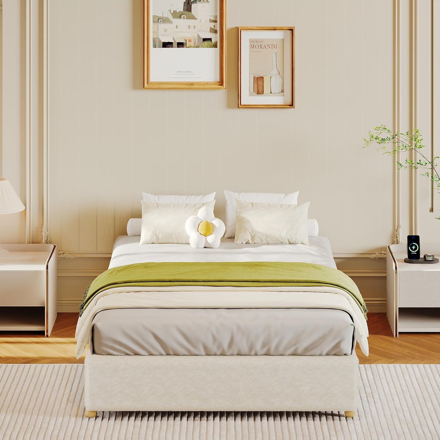 Garvee Twin Cloud Bed Frame, Corduroy Soft Fabric Low Bed Frames with Solid Wood Round Legs, Twin Size Platform Bed Without Headboard, No Box Spring Needed, Noiseless, Beige