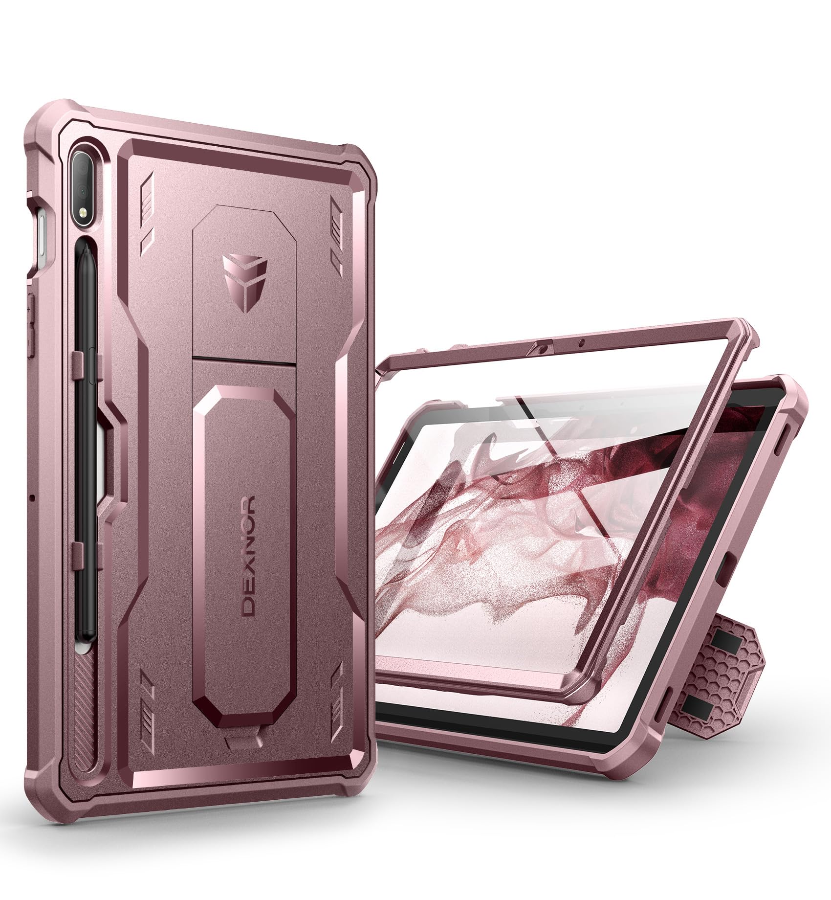 Dexnor Case for Galaxy Tab S8 / S7 11 Inch, Built-in Screen Protector & Kickstand - S Pen Holder, Heavy Duty Shockproof Full Body Protective Cover - Pink