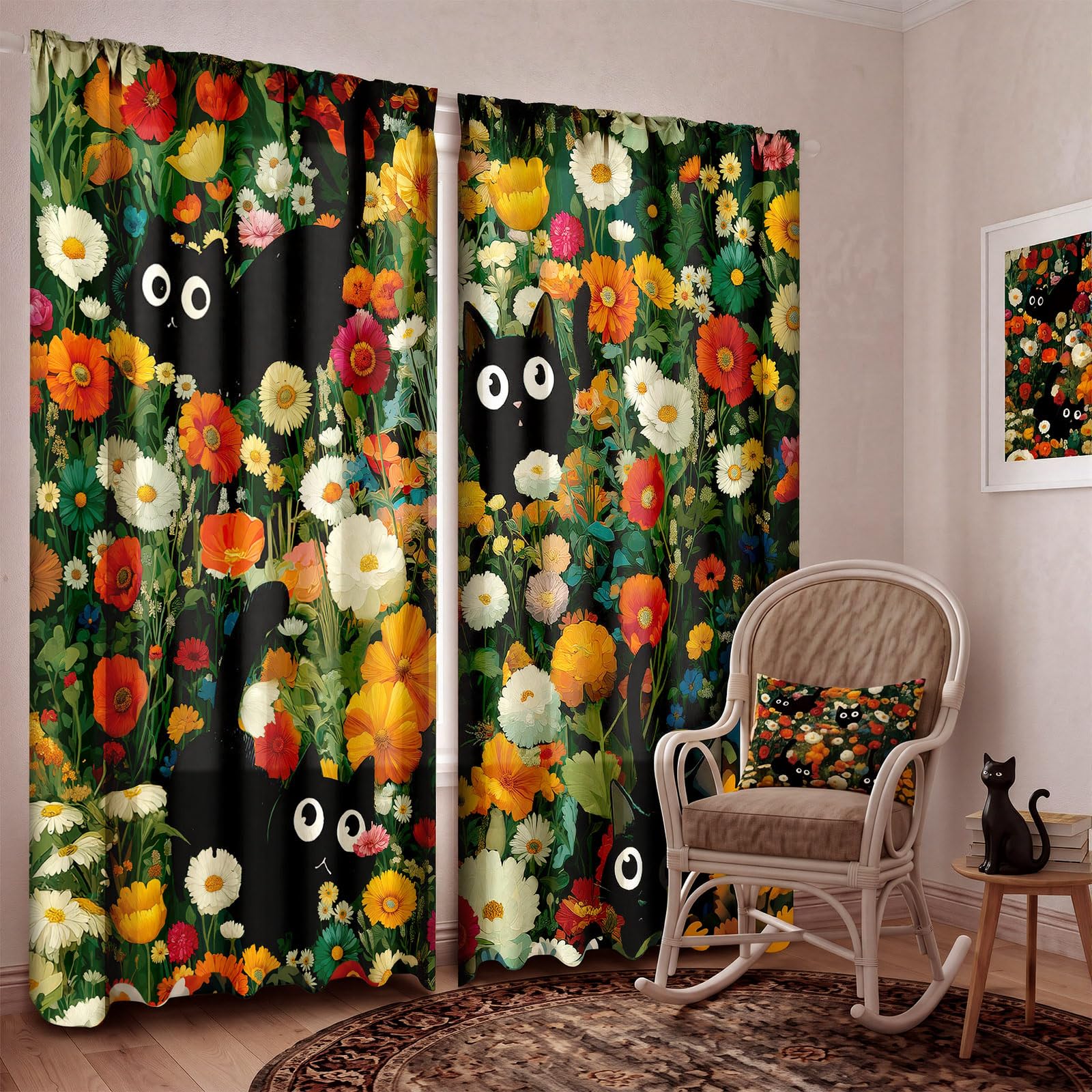 SmoothNovelty 2 Pcs Black Cat Flower Curtains for Living Room Boho Floral