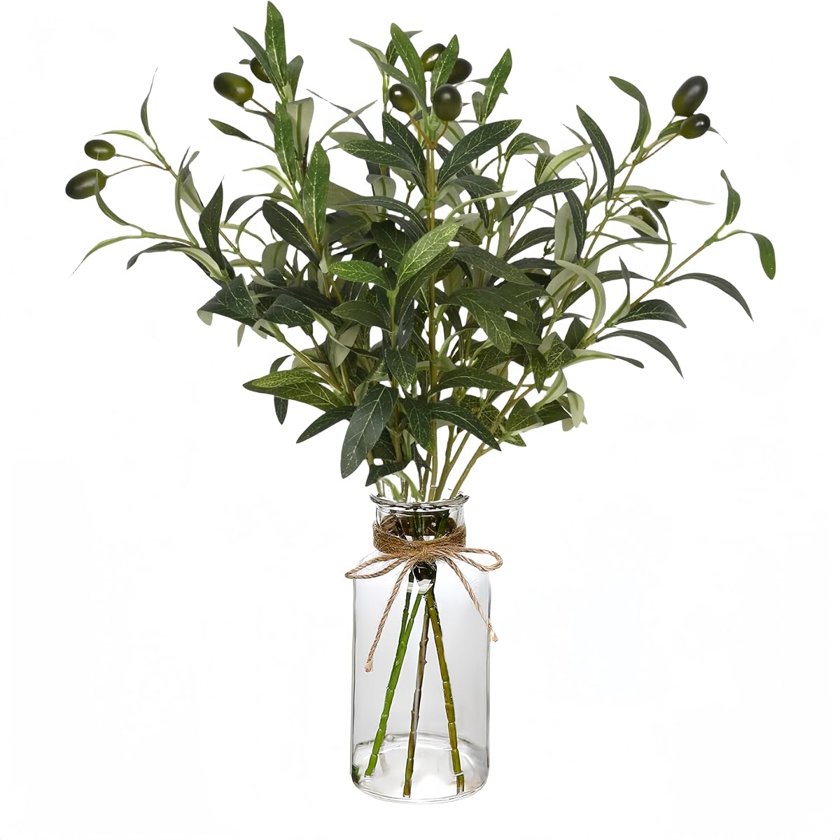 Artificial Plants Olive Branch in Glass Vase, 14.5” Fake Plant Greenery Stems with Olive Branches Faux Eucalyptus Stems for Home Office Farmhouse Wedding Table Centerpiece Décor