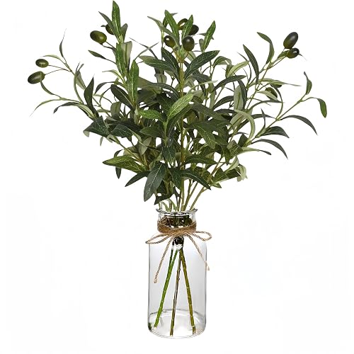 Artificial Plants Olive Branch in Glass Vase, 14.5” Fake Plant Greenery Stems with Olive Branches Faux Eucalyptus Stems for Home Office Farmhouse Wedding Table Centerpiece Décor