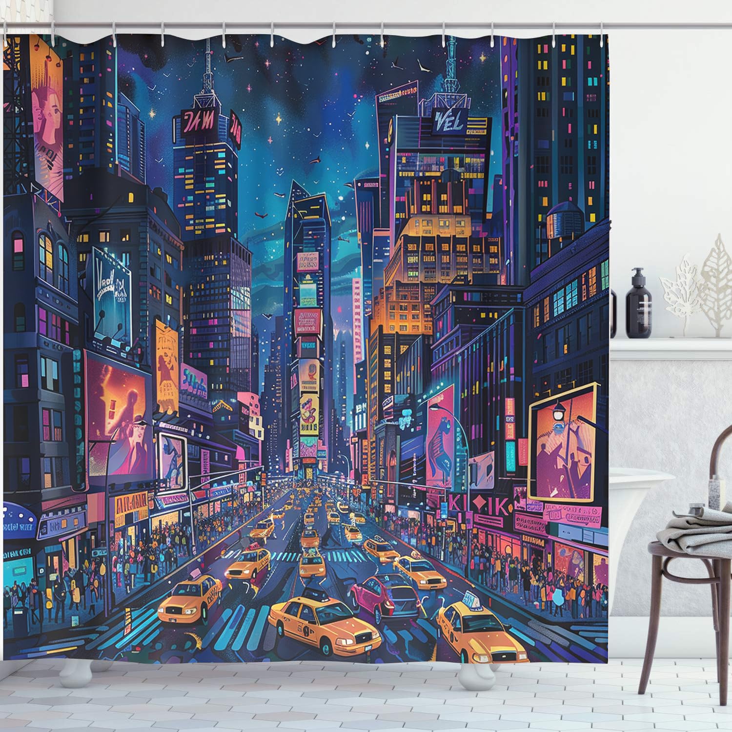 HYPESTYLE New York City Shower Curtain Watercolor Flower Shower Curtain Sets Spring Blue Beige Floral Plant Shower Curtains for Bathroom Washable