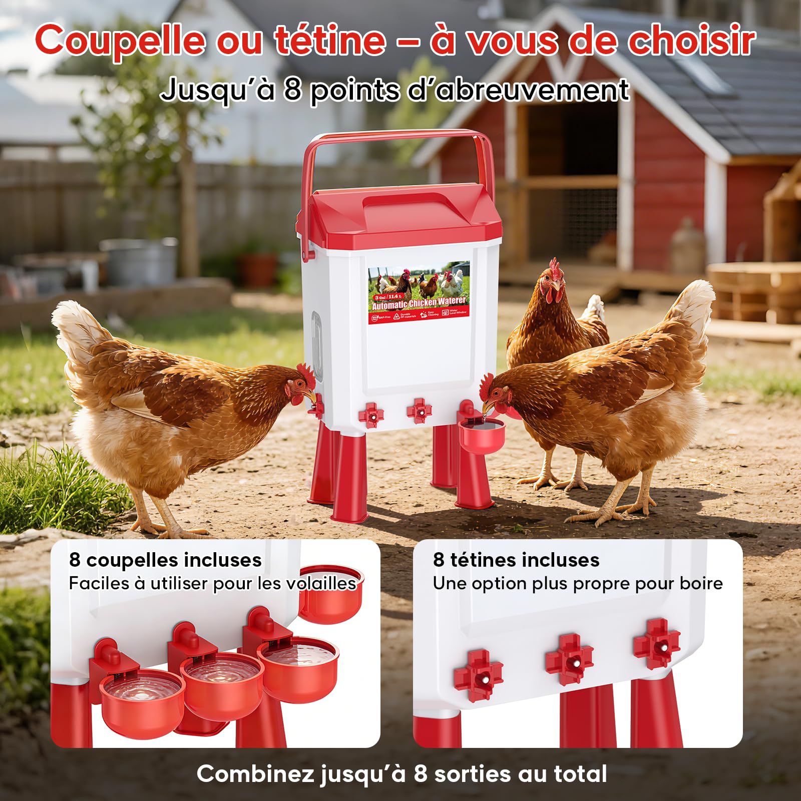 Bebedero Gallinas Automático 10 litros con Pies, 8 Cuencos, Flotador Filtrado Controlado
