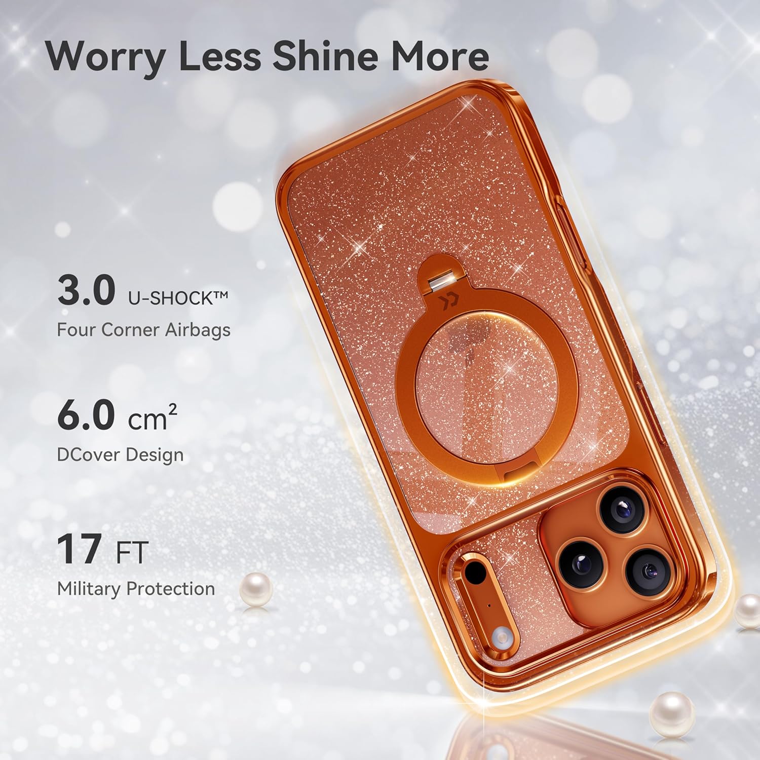 CASEKOO Pearlescent Shimmer 360 Spin Magnetic Stand for Glossy iPhone 17 Pro Case for Women, Fit for MagSafe, 17FT Drop Protection, Chic Design for 17 Pro Case with Built-in Stand, Cosmic Orange - Image 7