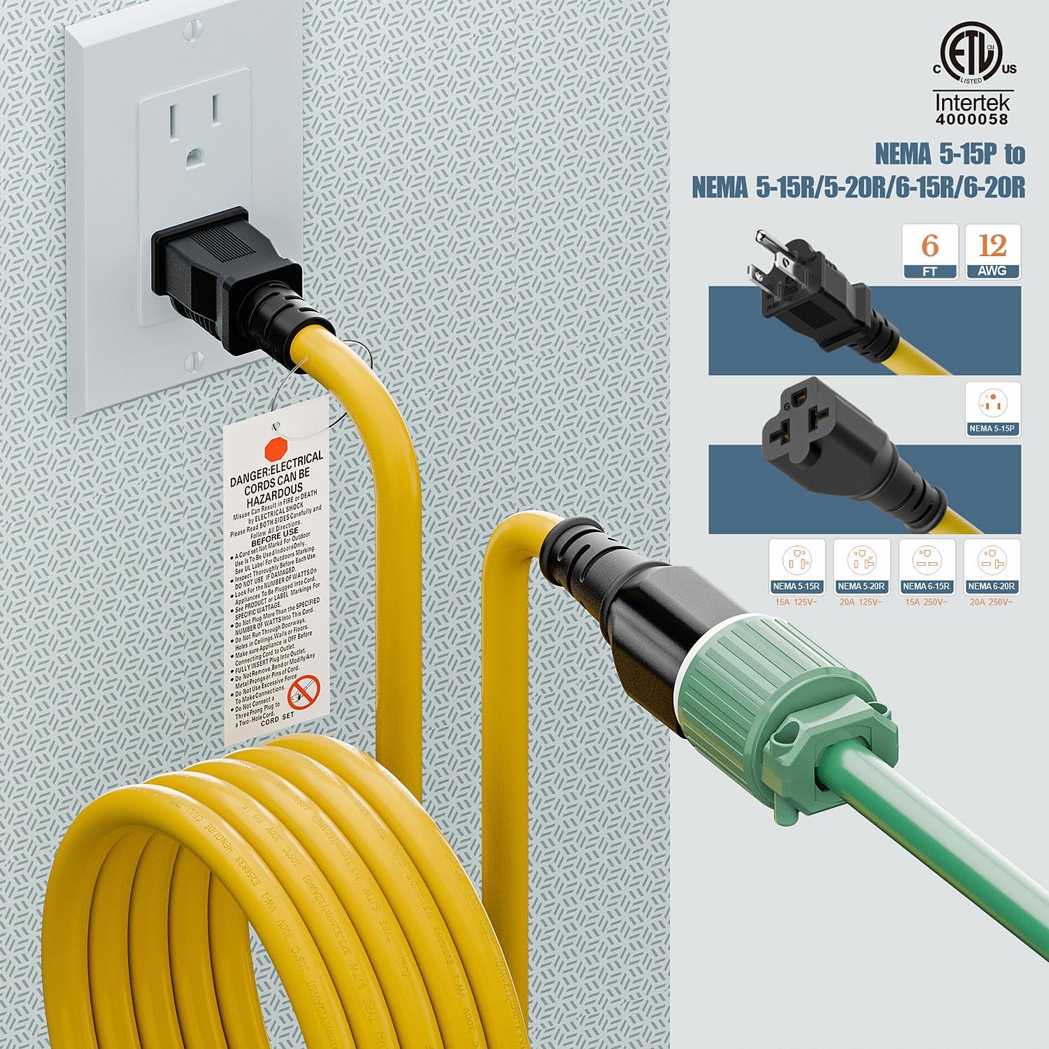 4 in1 NEMA 5-15P Extension Cord, Winxus 6FT NEMA 5-15P to 5-15R, 5-20R, 6-15R, 6-20R Adapter Cord, 15A to 20A AC Adapter Cable, 6FT 3 Prong Extension Cords