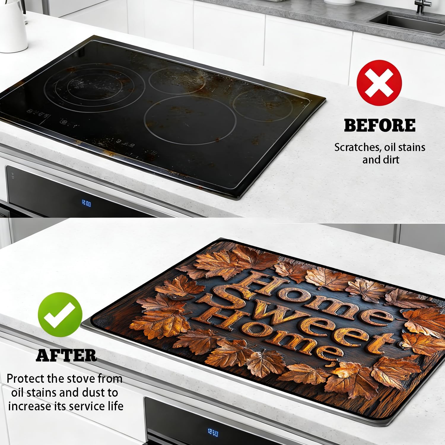 Stove Top Cover for Electric Stove, Vintage Farmhouse Style Glass Cooktop Protector, Multi-functional Kitchen Counter & Washer Top Cover