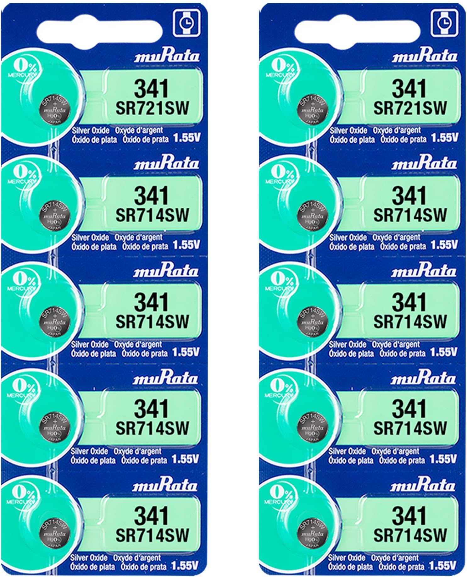 Murata 341 Battery SR714SW 1.55V Silver Oxide Watch Button Cell (10 Batteries)
