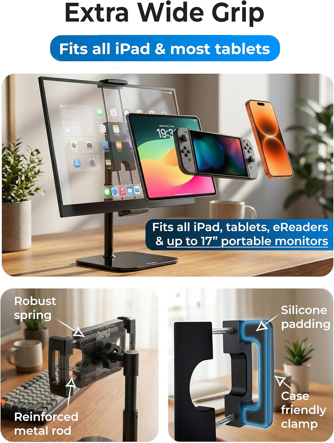 COOPER TabStand Mini, 10" Height Adjustable Tablet Stand, Ipad Stand for Desk, Portable Monitor Holder, Heavy Duty Grip, Tripod iPad Holder, Tablet Mount, for Samsung Tablets, Kindle eReaders (Black)