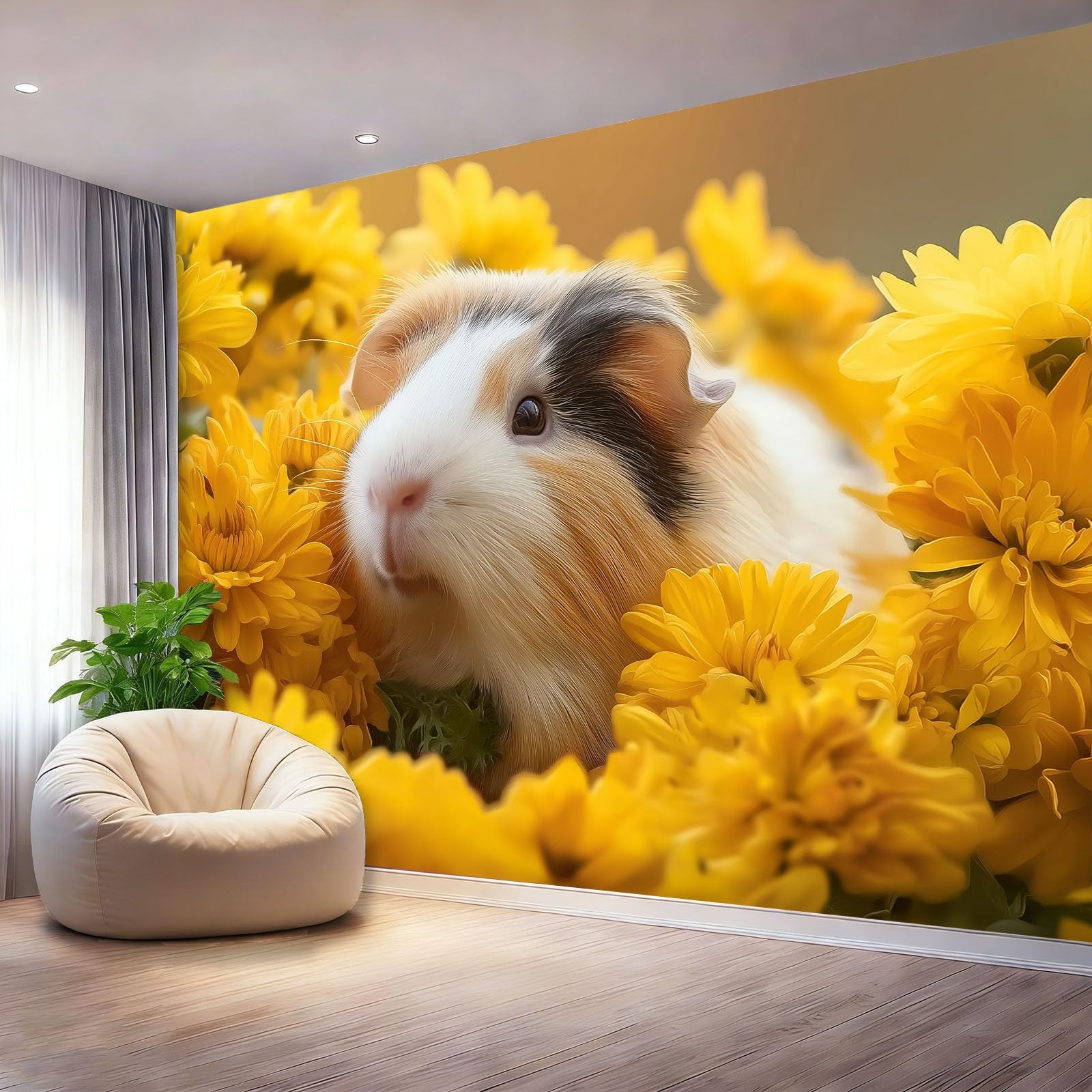 Obraz ścienny 200 x 140 cm, urocza świnka morska z motywem chryzantemy, wodoszczelna dekoracja ścienna do małego pokoju zabaw i ściany akcentującej, żółty