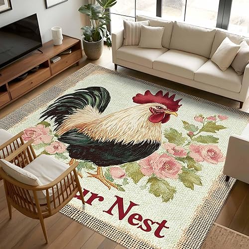 5x8 Area Rugs, Retro Rooster Non-Skid Rubber Backing Large Rectangle Rugs - Living Room Bedroom Home Office, Watercolor Animals Spring Flower Indoor
