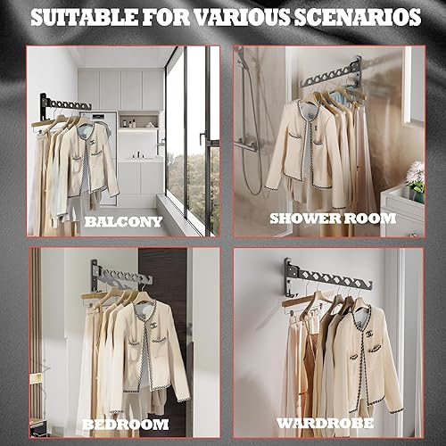 Miniatura 3 de Soporte para colgar abrigos de pared, organizador de secado de ropa negro, ganchos de aluminio retráctiles plegables para interiores para colgar en