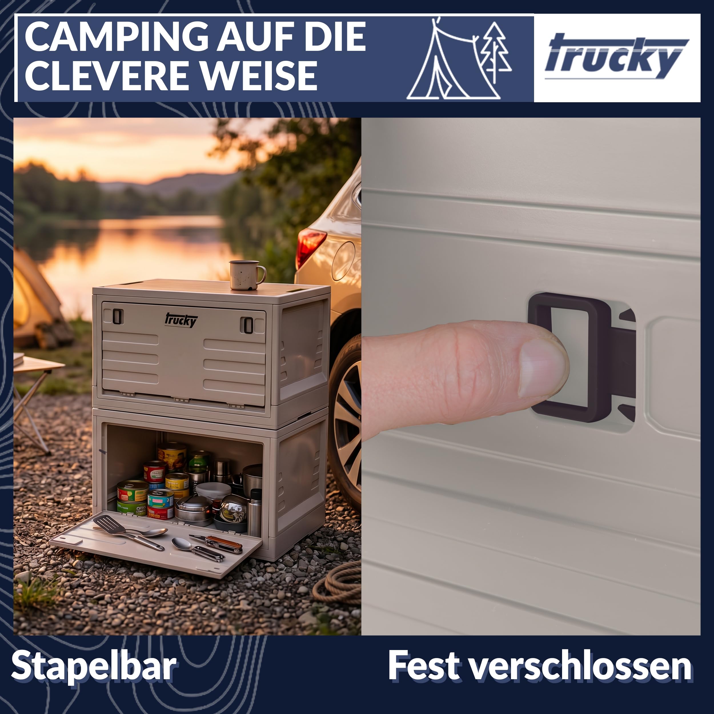 Trucky Caja de Almacenamiento 45 L, 50 x 35 x 30 cm Camping Caja Plegable Caja de Almacenamiento con Tapa Beige
