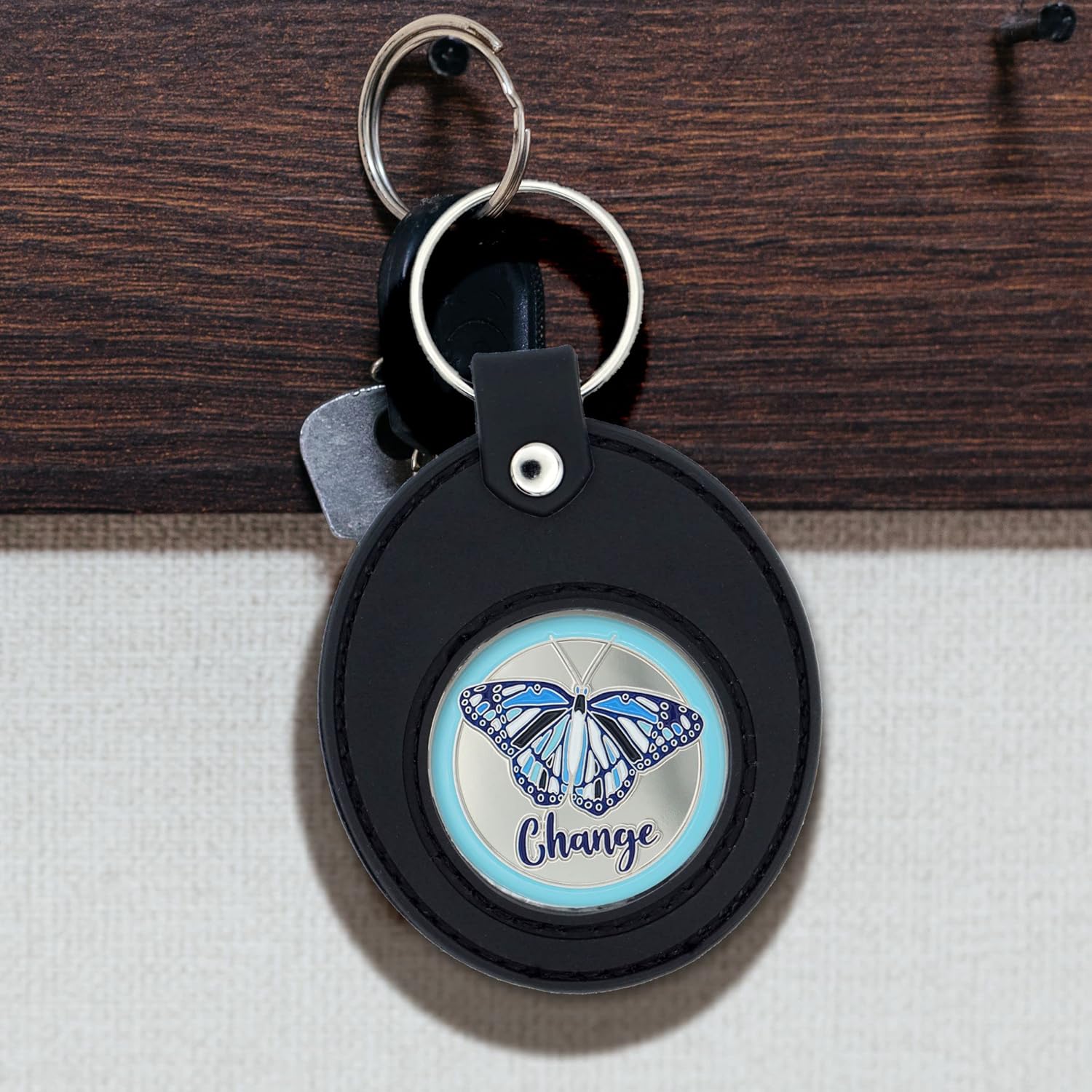 Blue Butterfly Sobriety Chip with Black Silicone Coin Holder Keychain