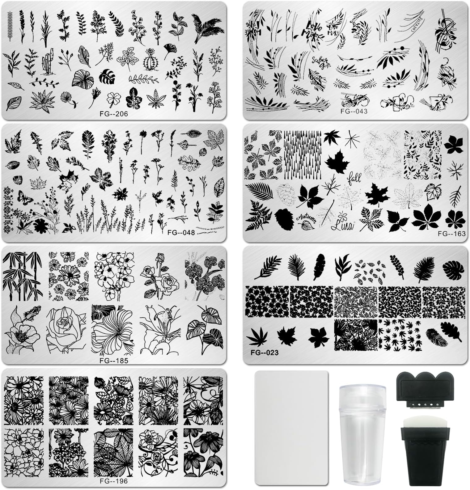 AddFavor Nail Stamper Kit 7pcs Nail Stamping Plates Flower Leaf Maple Nail Stencils with 2 Stamp and 2 Scraper for Home Salon Manicure Design Supplies Tools