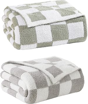 WRENSONGE Soft Checkered Throw Blanket Light Grey 50x70 inch and Warm Throw Blanket Sage Green 50x70 inch