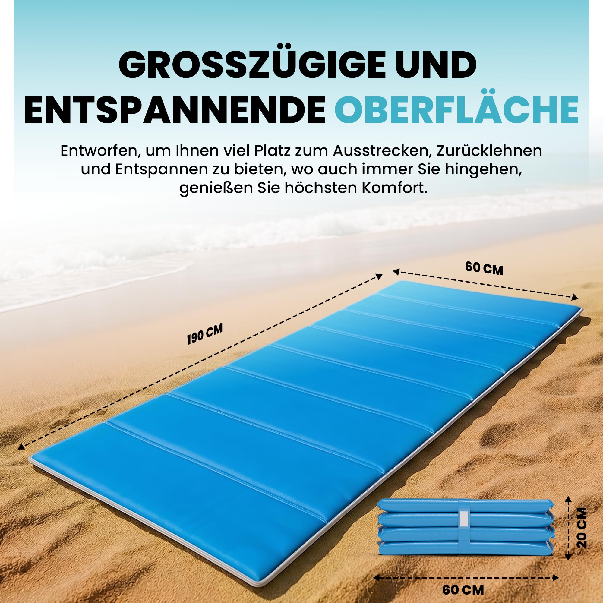 StarK Strandliege klappbar leicht – Faltbare Strandmatte mit Polsterung für Strand, Freibad und Garten 190 x 60 cm, kompakt & einfach zu transportieren, ideal für Kiesstrand & Camping