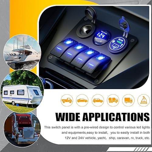 Miniatura 6 de Panel de interruptores basculantes de 4 vías + carga PD tipo C y QC3.0 USB + voltímetro + salida de 12 V Panel de aluminio precableado interruptores