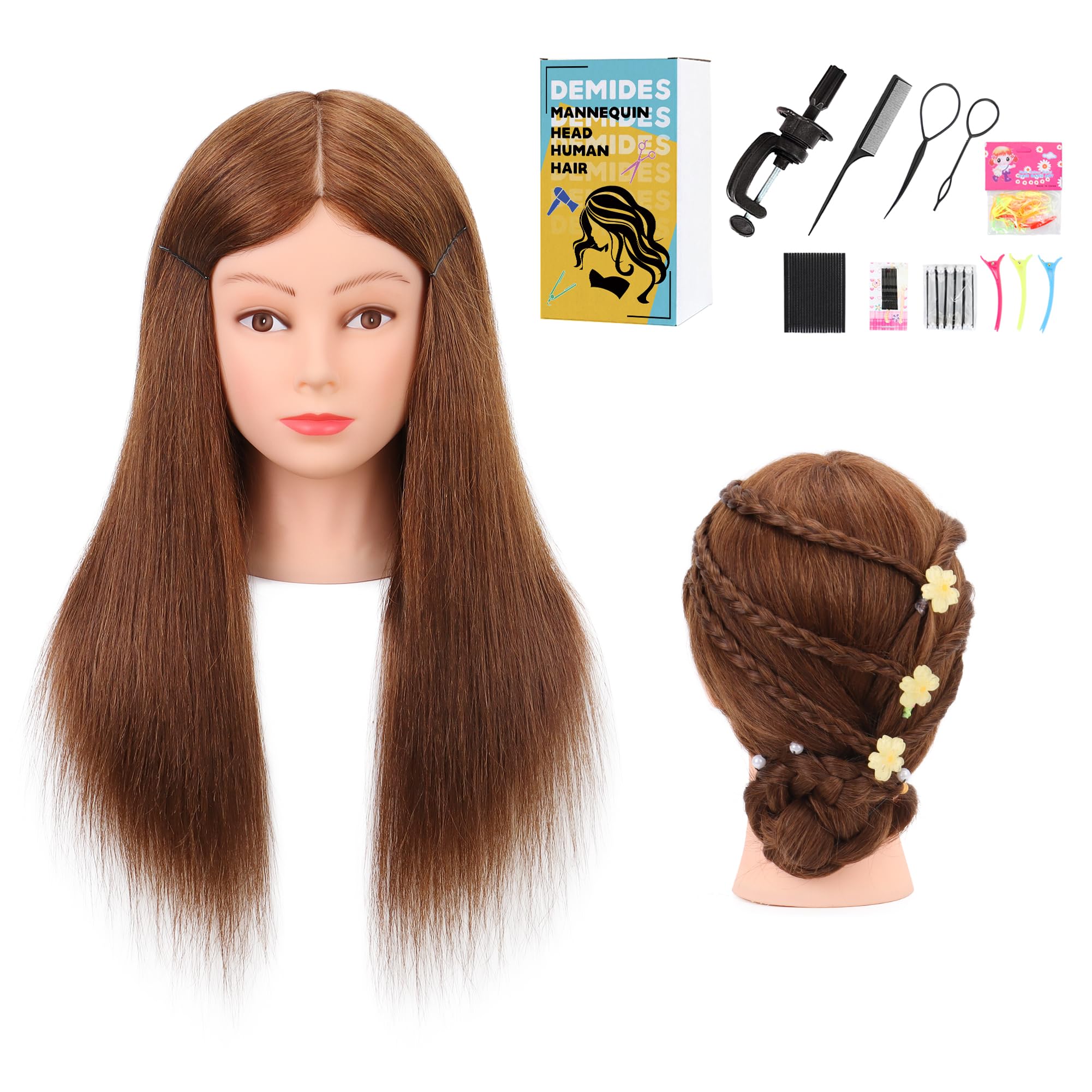20-22’’ Mannequin Head with 100% Human Hair, Mannequin Head Human Hair for Hairdressers Practice Braiding Hair, Hair Practicing and Cutting Manikin Head with Clamp