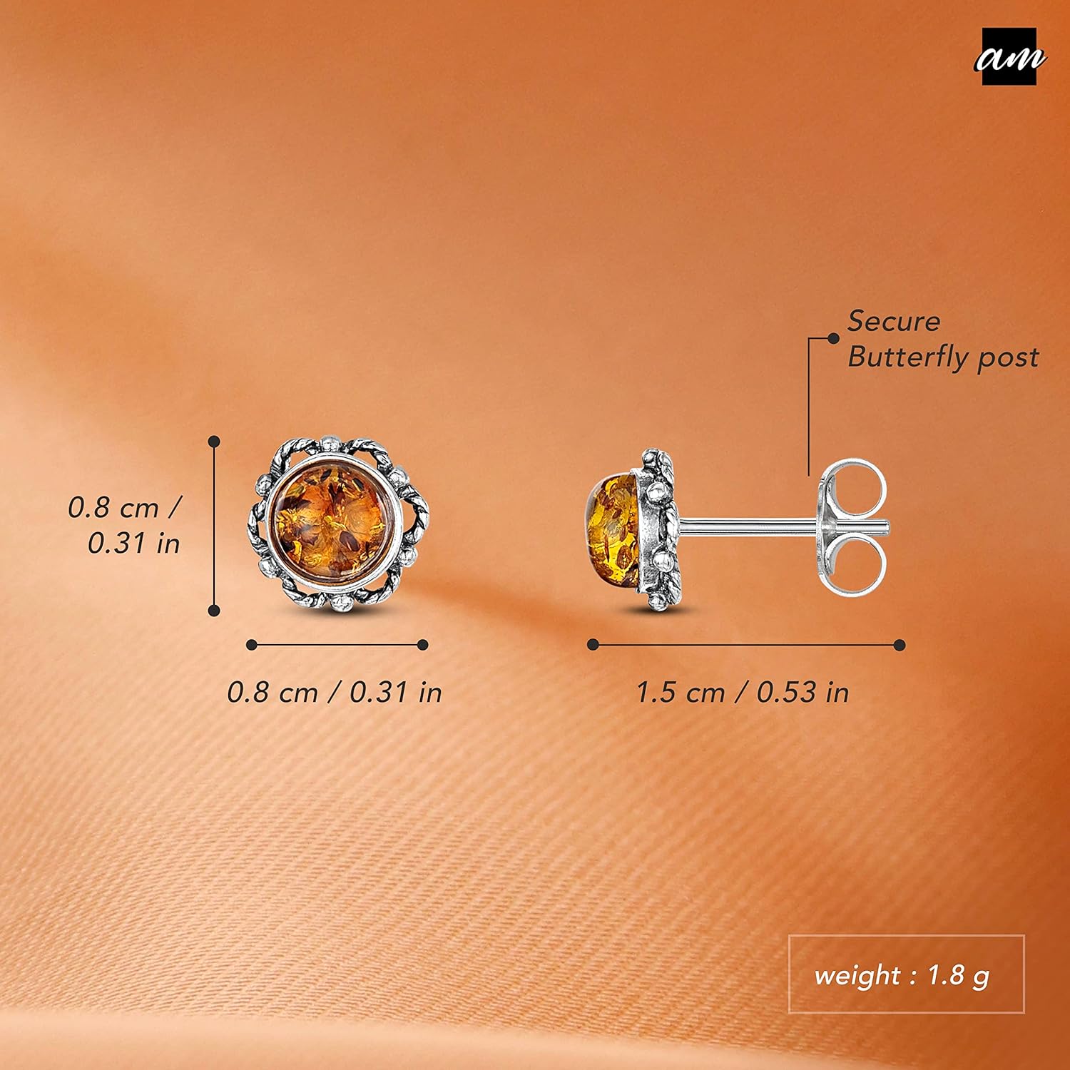 Amberta 925 Sterling Silver with Genuine Baltic Amber - Earrings for Women - Bloom Button Ball - Studs with Various Stone Colors - Image 5