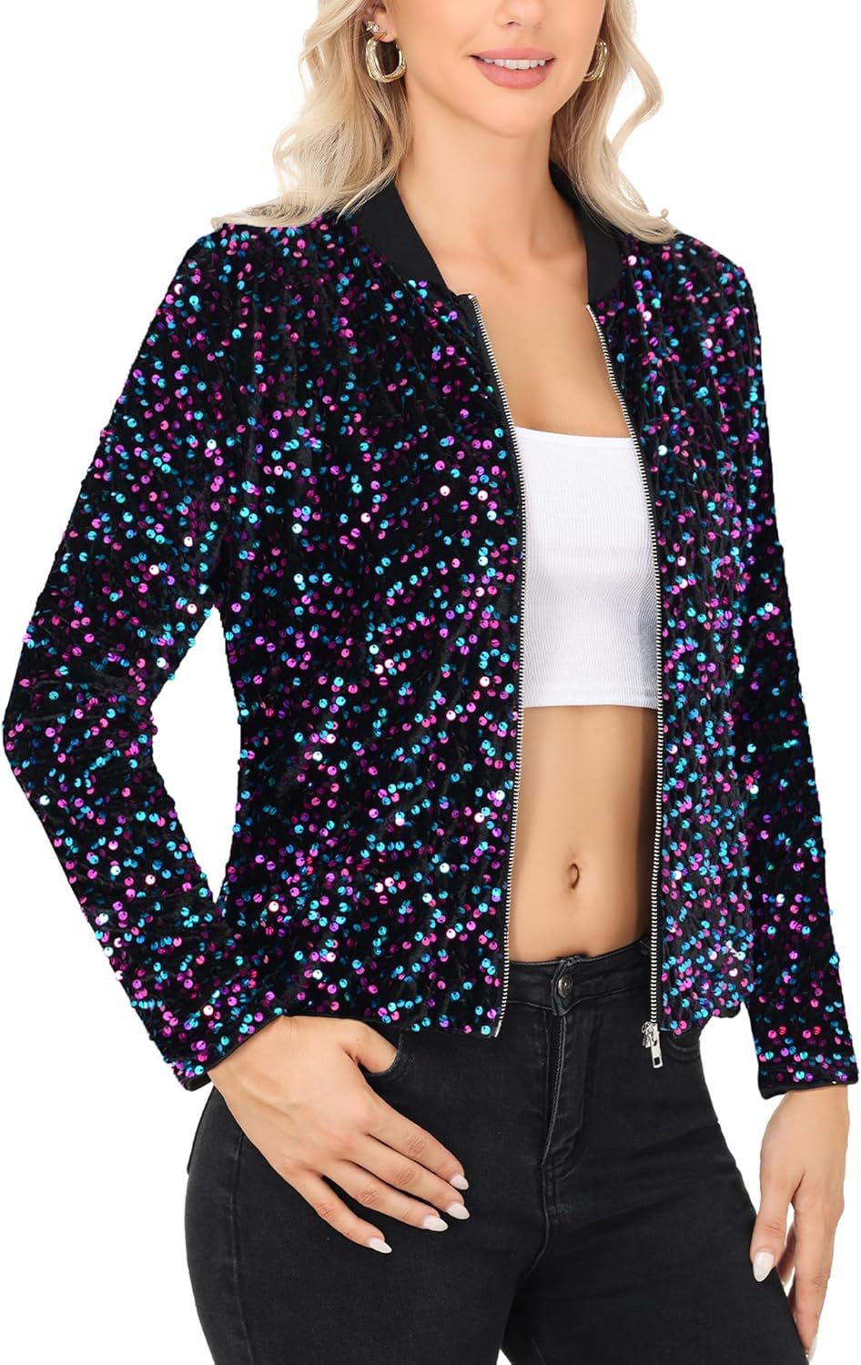 Anna-Kaci Women's Full Sequin Bomber Jacket Zip Up Long Sleeve Sparkly Glitter Lightweight Outerwear Coat