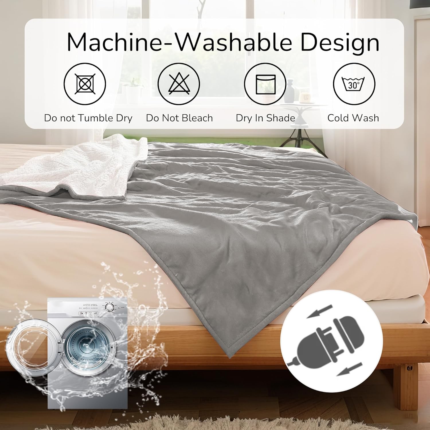 Electric Heated Blanket 72"x84" Full Size - Dual-Sided with Microplush & Sherpa Fabric, 4 Heat Settings & 10 Hours Auto Off, Machine Washable - Light Gray - Image 6